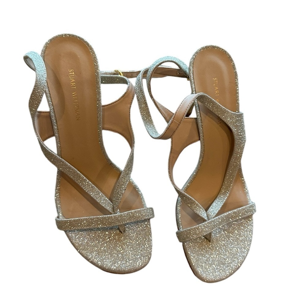 Stuart Weitzman ALIGN 95 Silver Sparkle Strappy Heels | Minimalist Nudist Style - Picture 3 of 11
